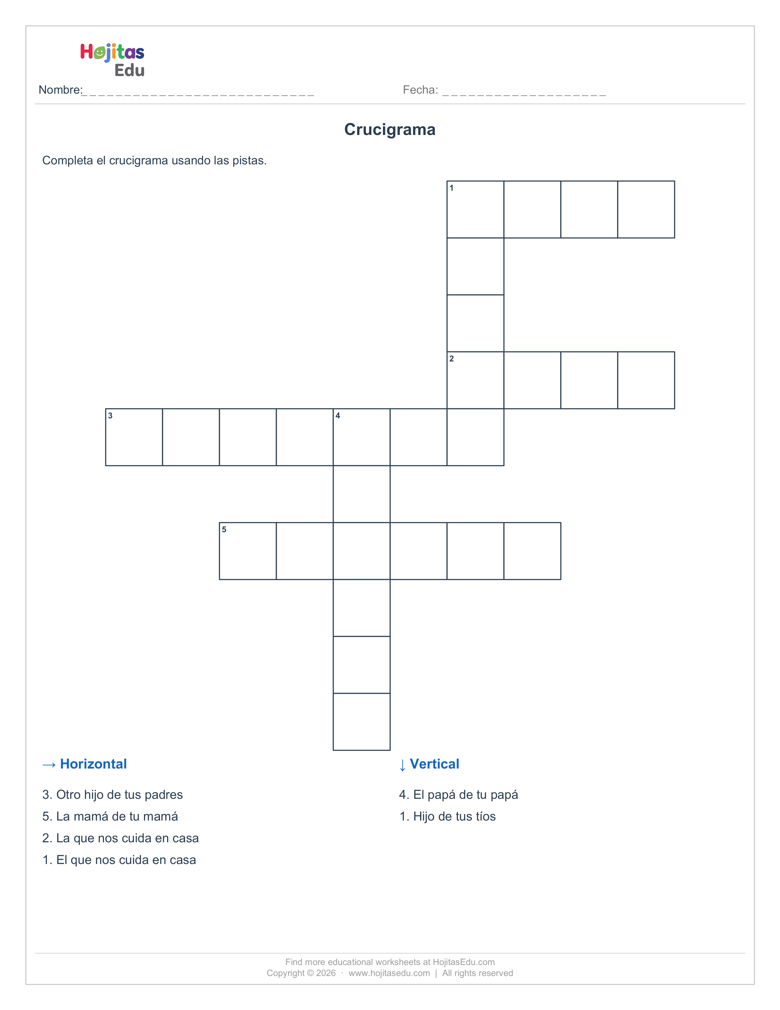 Crucigrama del Árbol Genealógico — Hoja 1