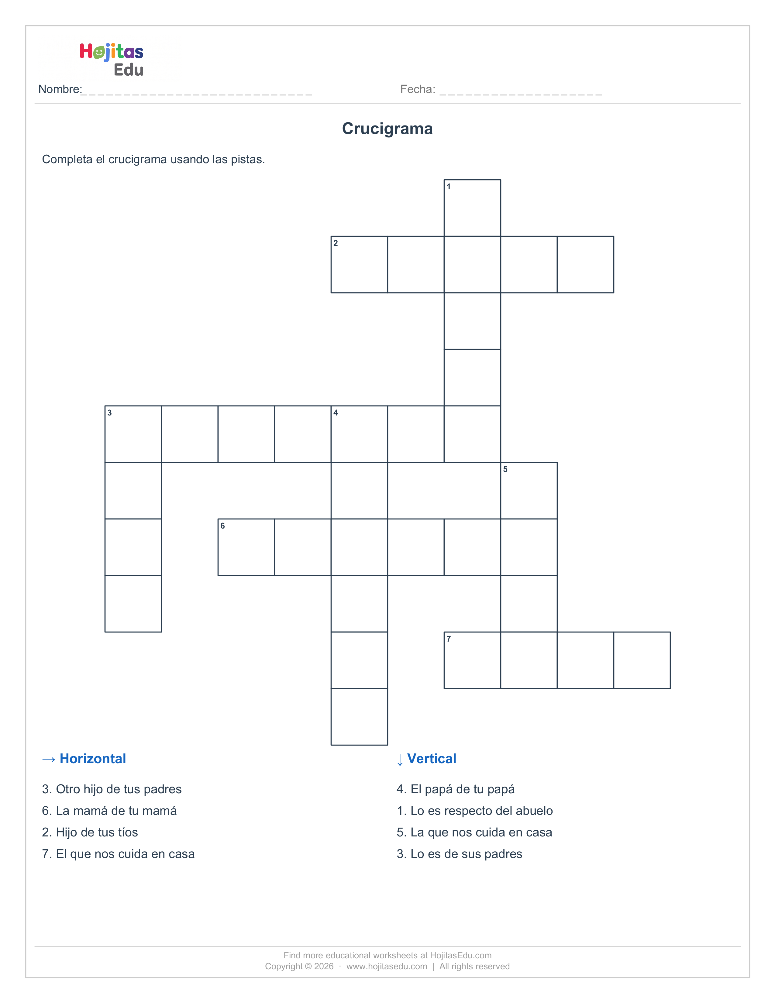 Crucigrama del Árbol Genealógico — Hoja 2