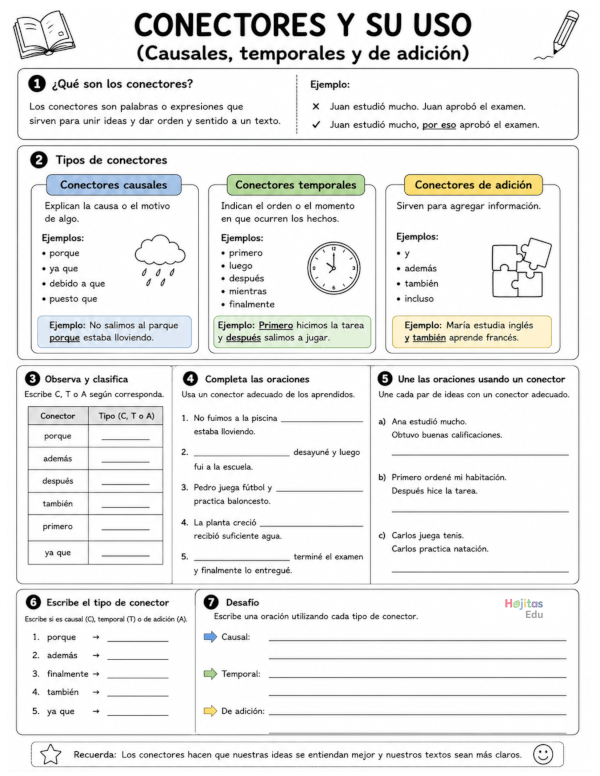 Conectores y su Uso: Causales, Temporales y de Adición