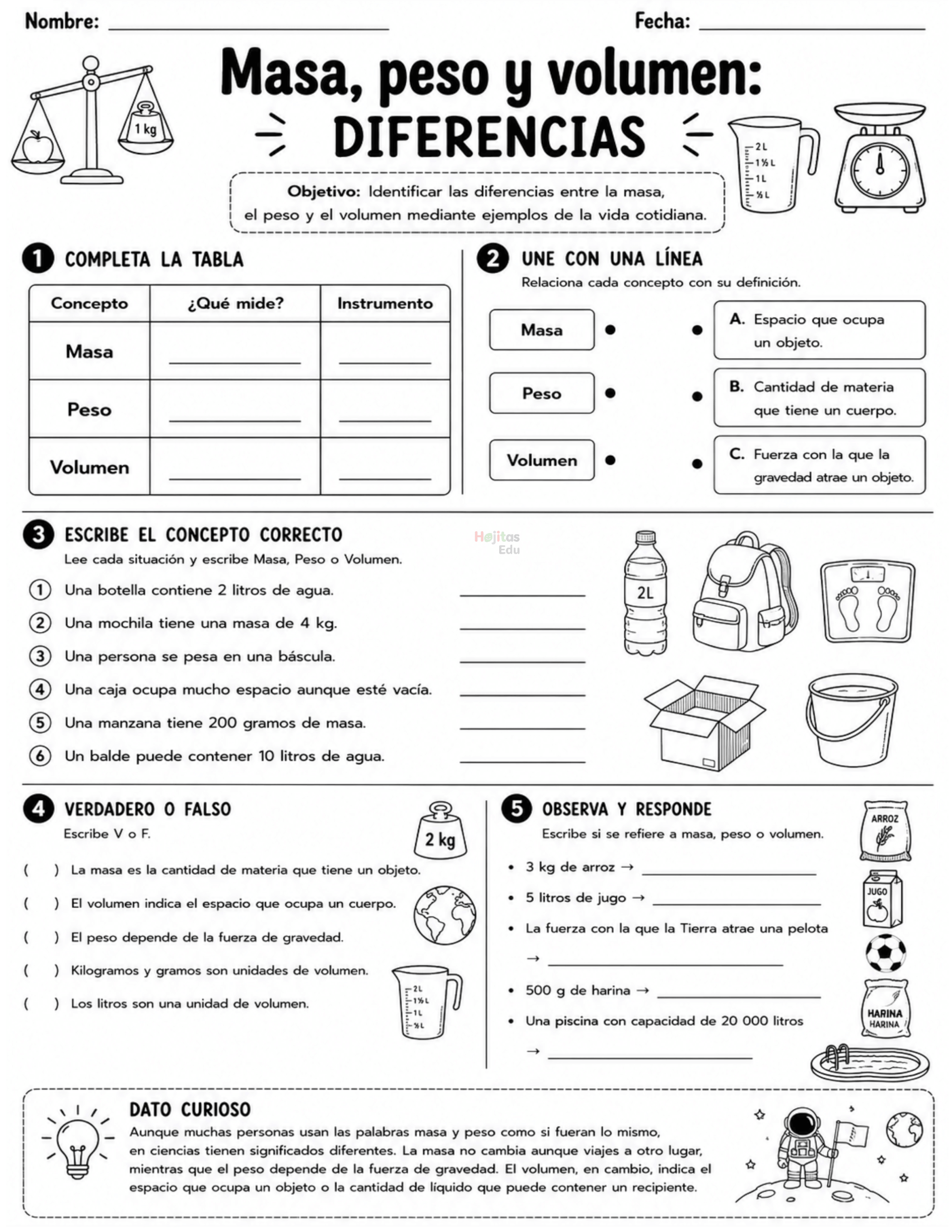 Masa, peso y volumen: diferencias