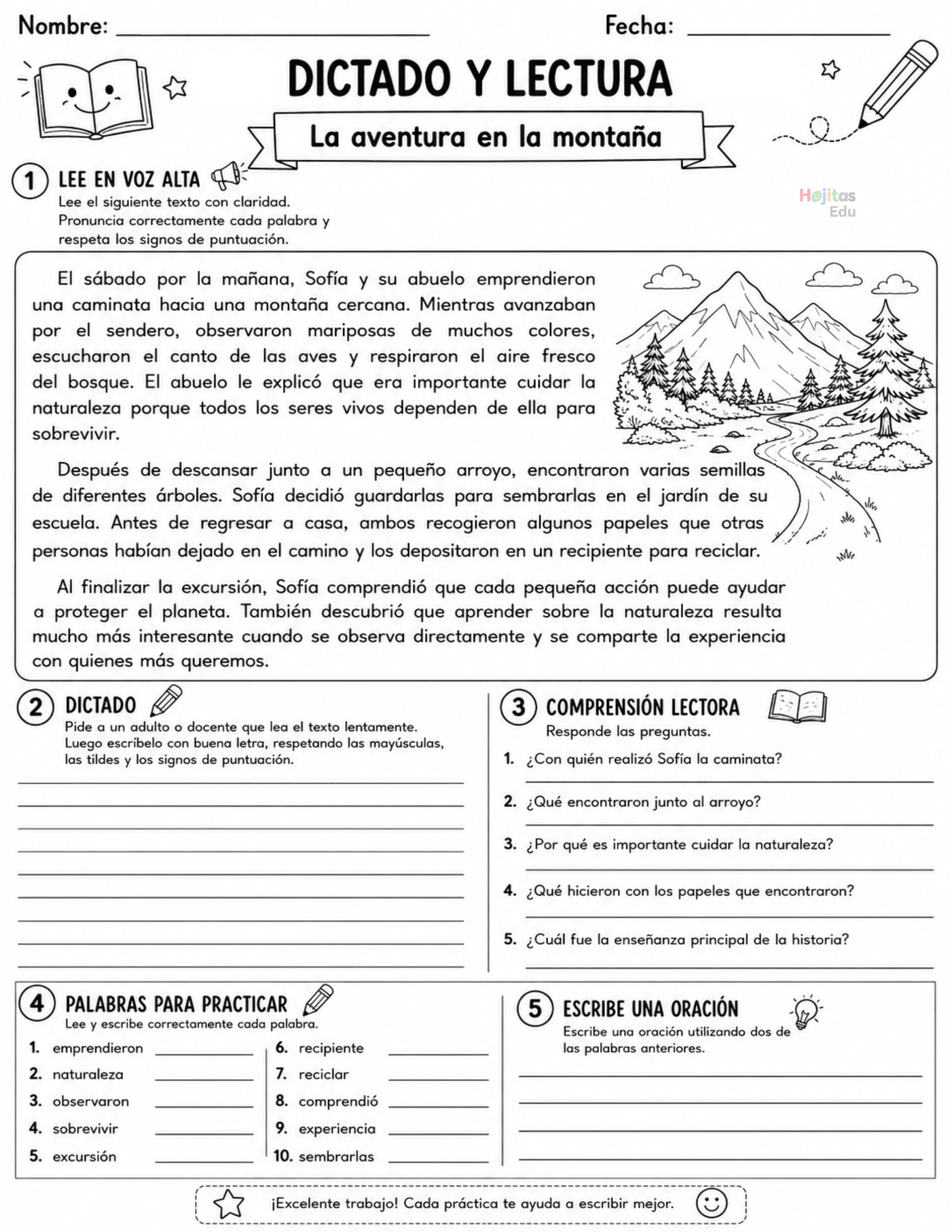 Dictado y lectur– Hoja imprimible para mejorar lectura, ortografía y comprensión lectora