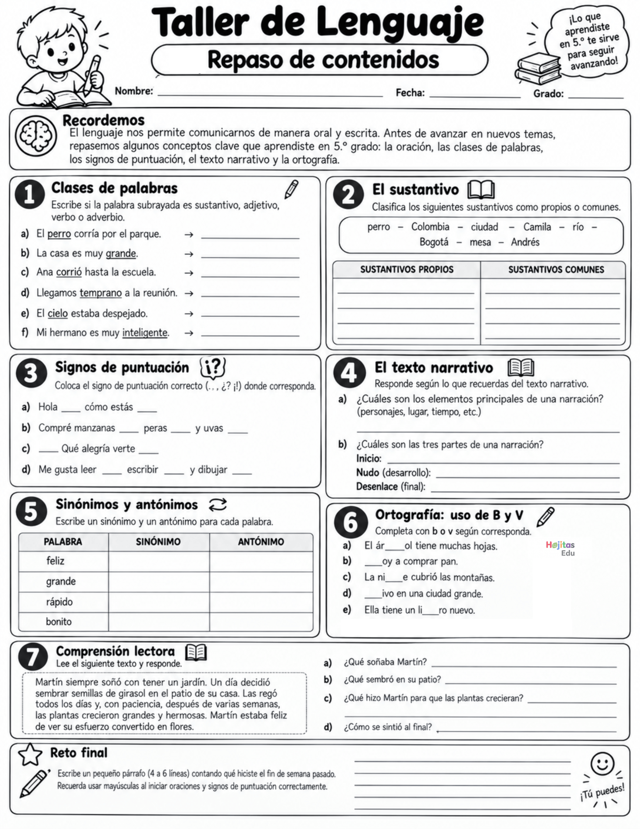Taller de Lenguaje para 6.º Grado | Repaso de Contenidos