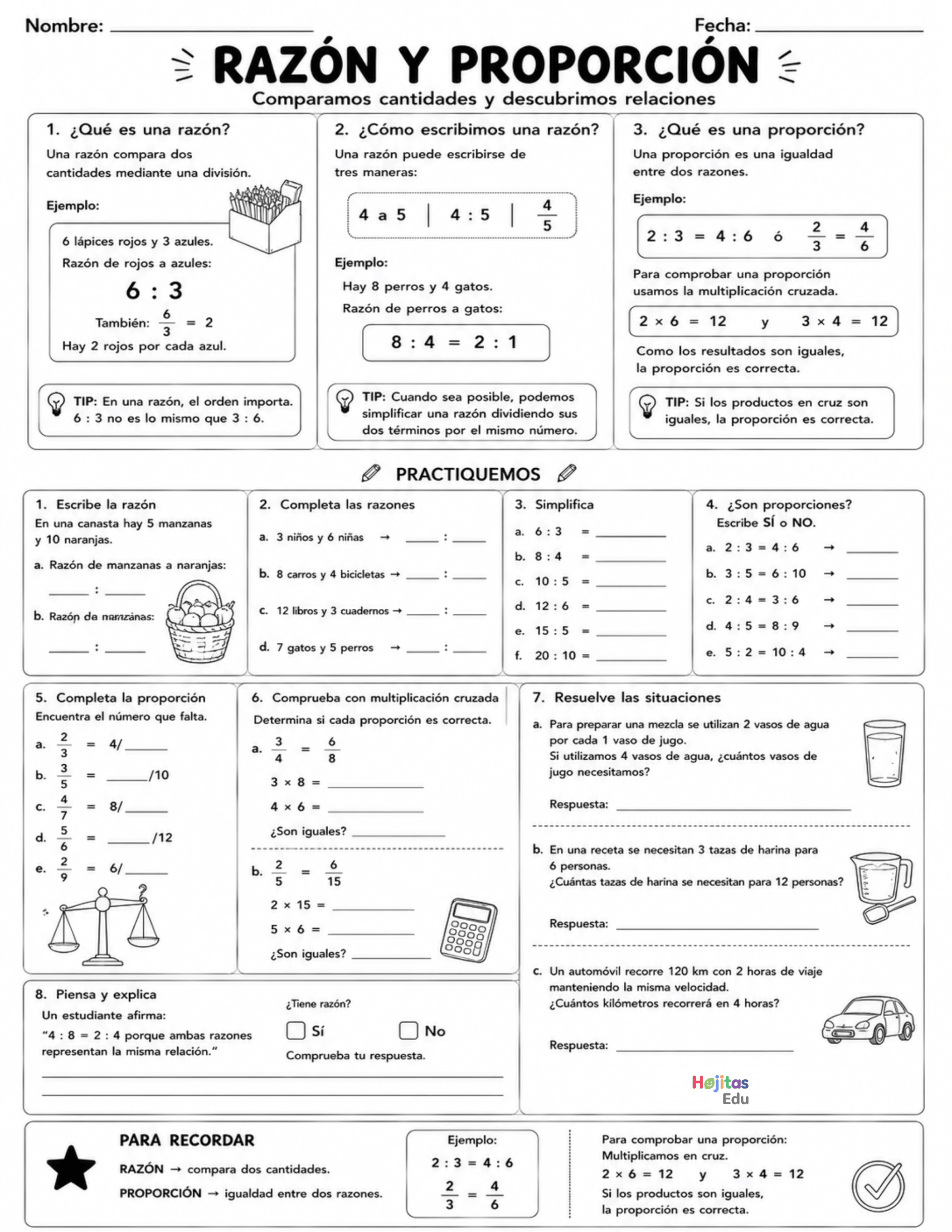 Razón y proporción: ejercicios para comparar cantidades | Matemáticas 6.º grado