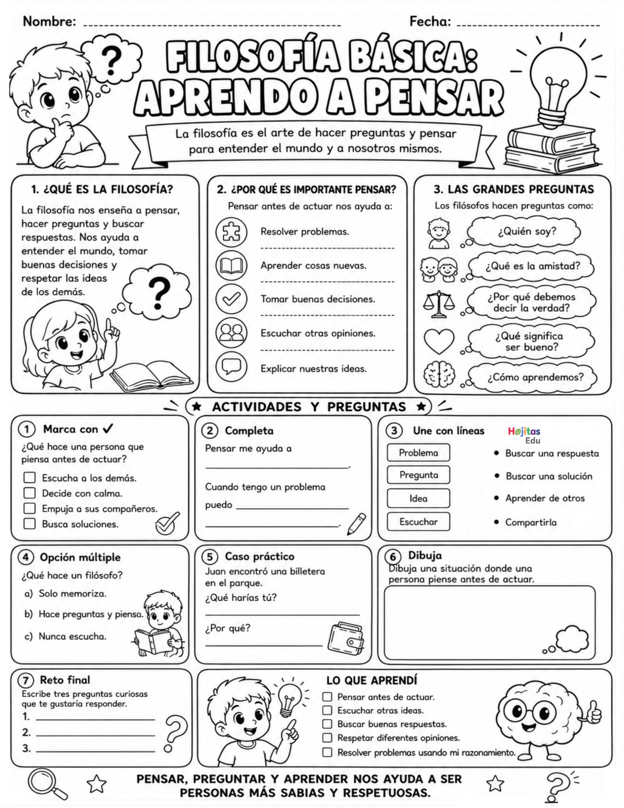Filosofía Básica para Niños de Primaria – Ficha Educativa para Aprender a Pensar y Reflexionar