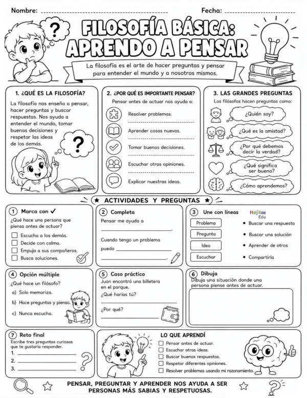Filosofía Básica para Niños de Primaria – Ficha Educativa para Aprender a Pensar y Reflexionar
