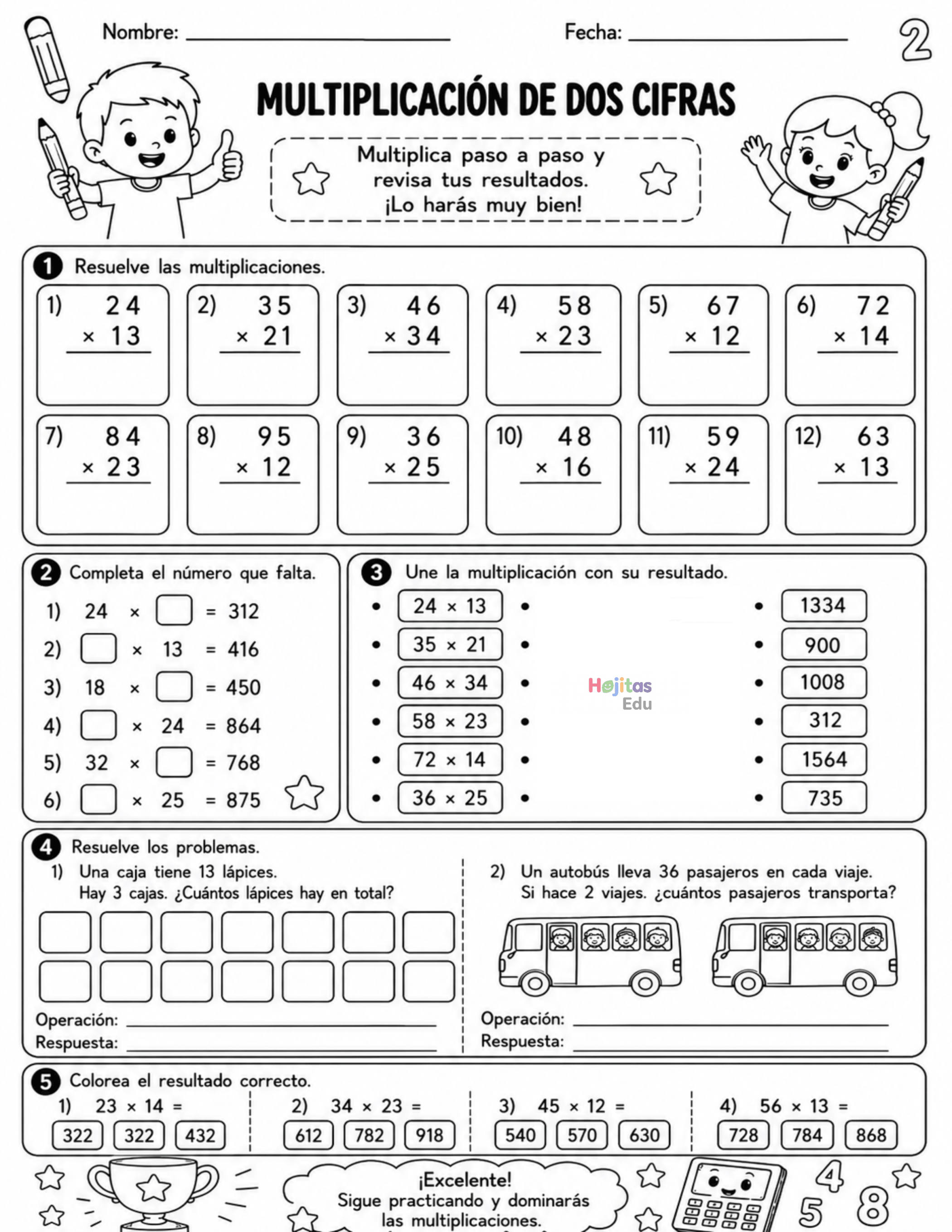 Multiplicación de Dos Cifra – Hoja con Ejercicios y Problemas Matemáticos