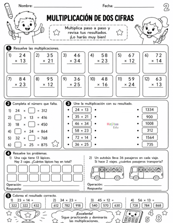 Multiplicación de Dos Cifra – Hoja con Ejercicios y Problemas Matemáticos