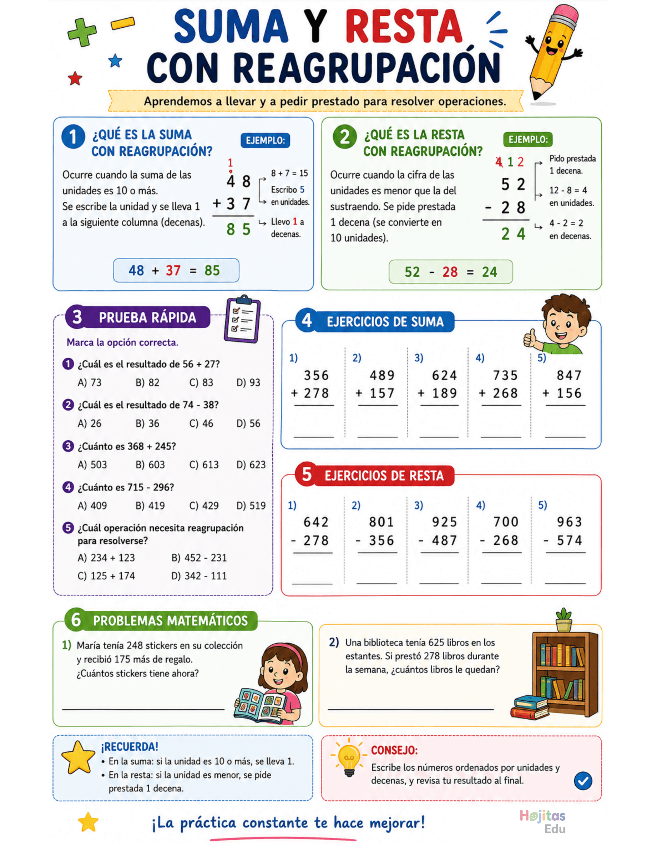 Suma y Resta con Reagrupación: Ejercicios, Ejemplos y Actividades