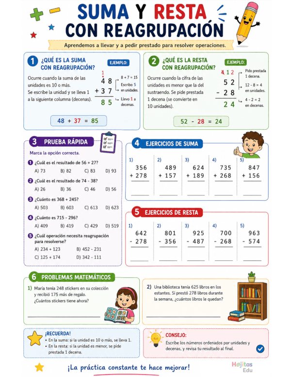 Suma y Resta con Reagrupación: Ejercicios, Ejemplos y Actividades
