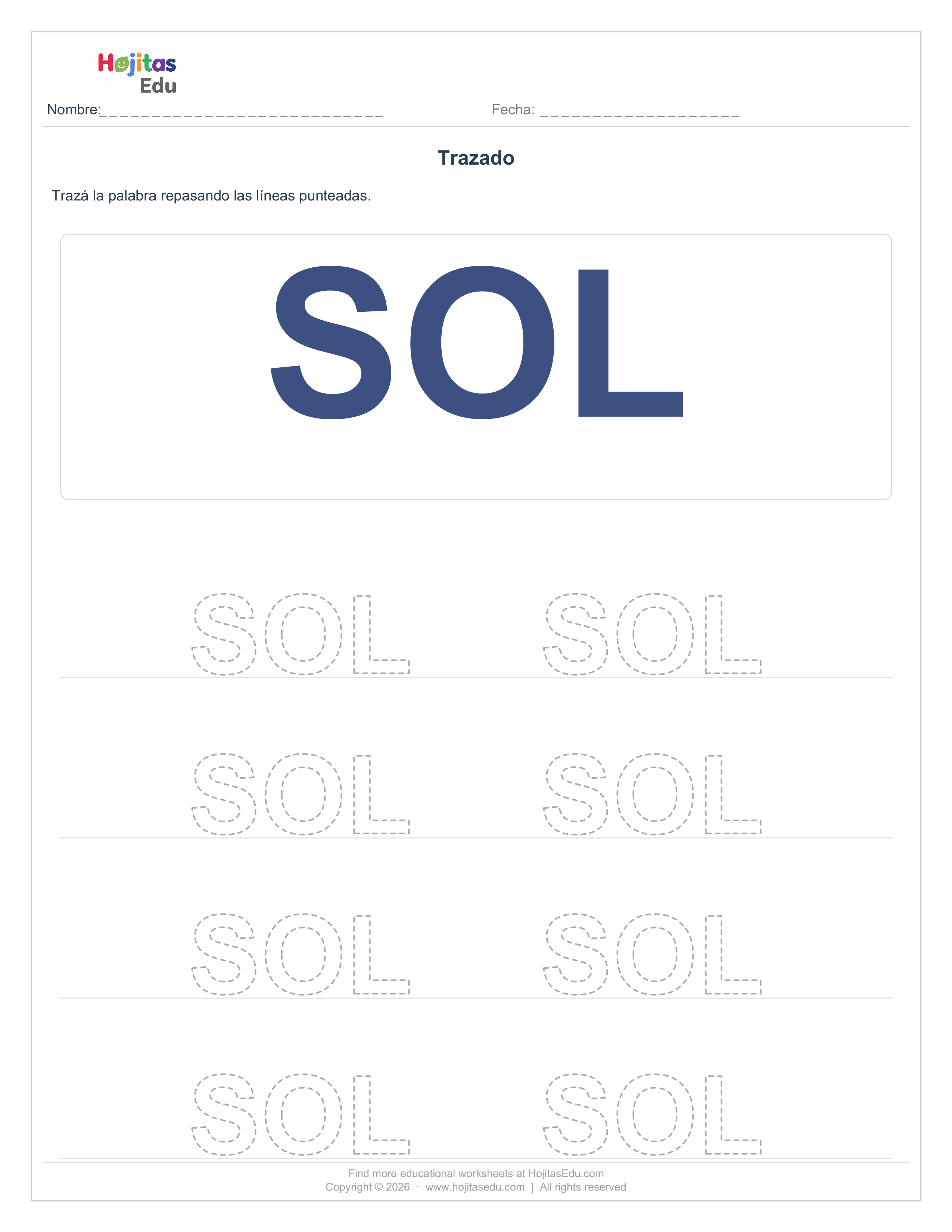 Aprende a Trazar la Palabra SOL — Ficha con Trazos Guía