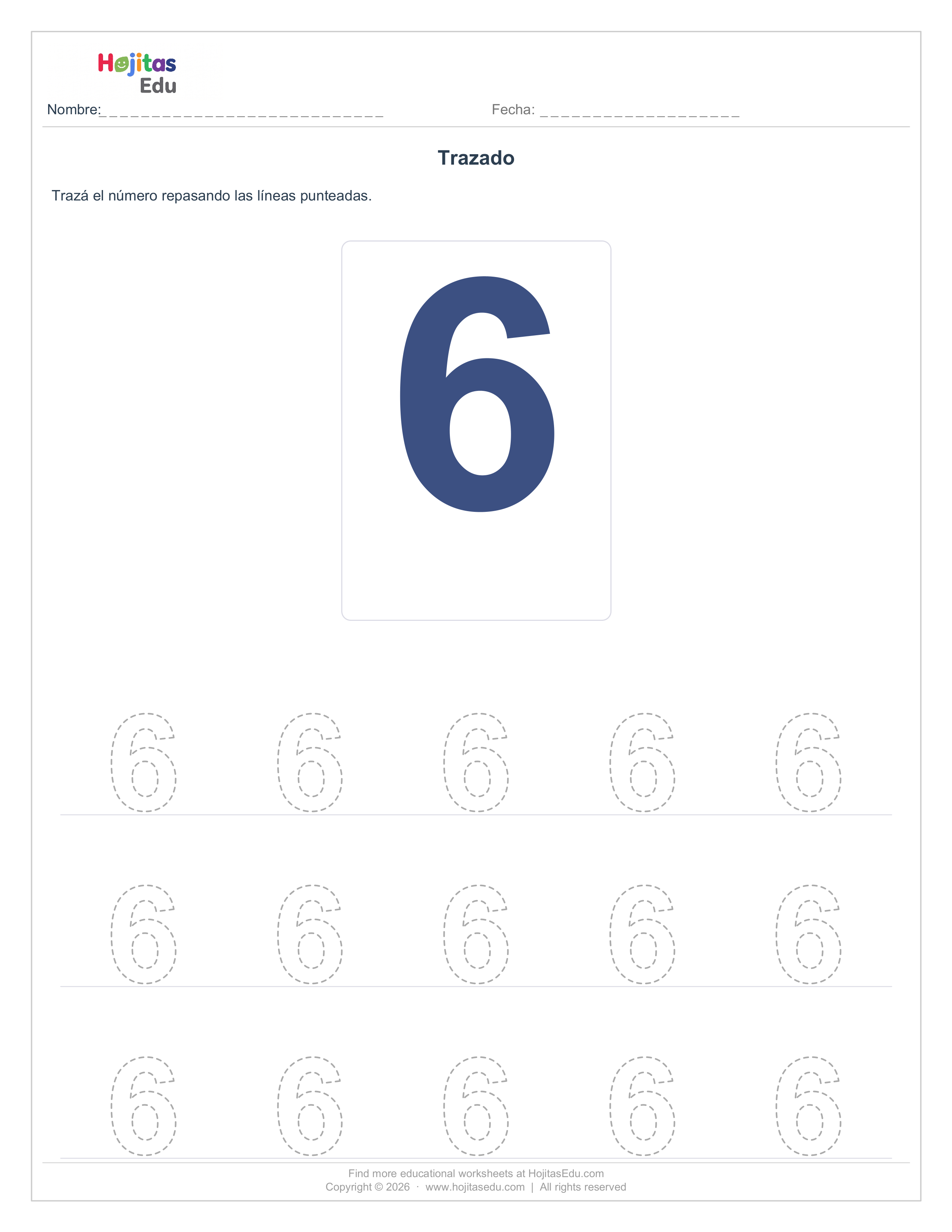 Aprende a Trazar el Número 6 — Ficha con Trazos Guía