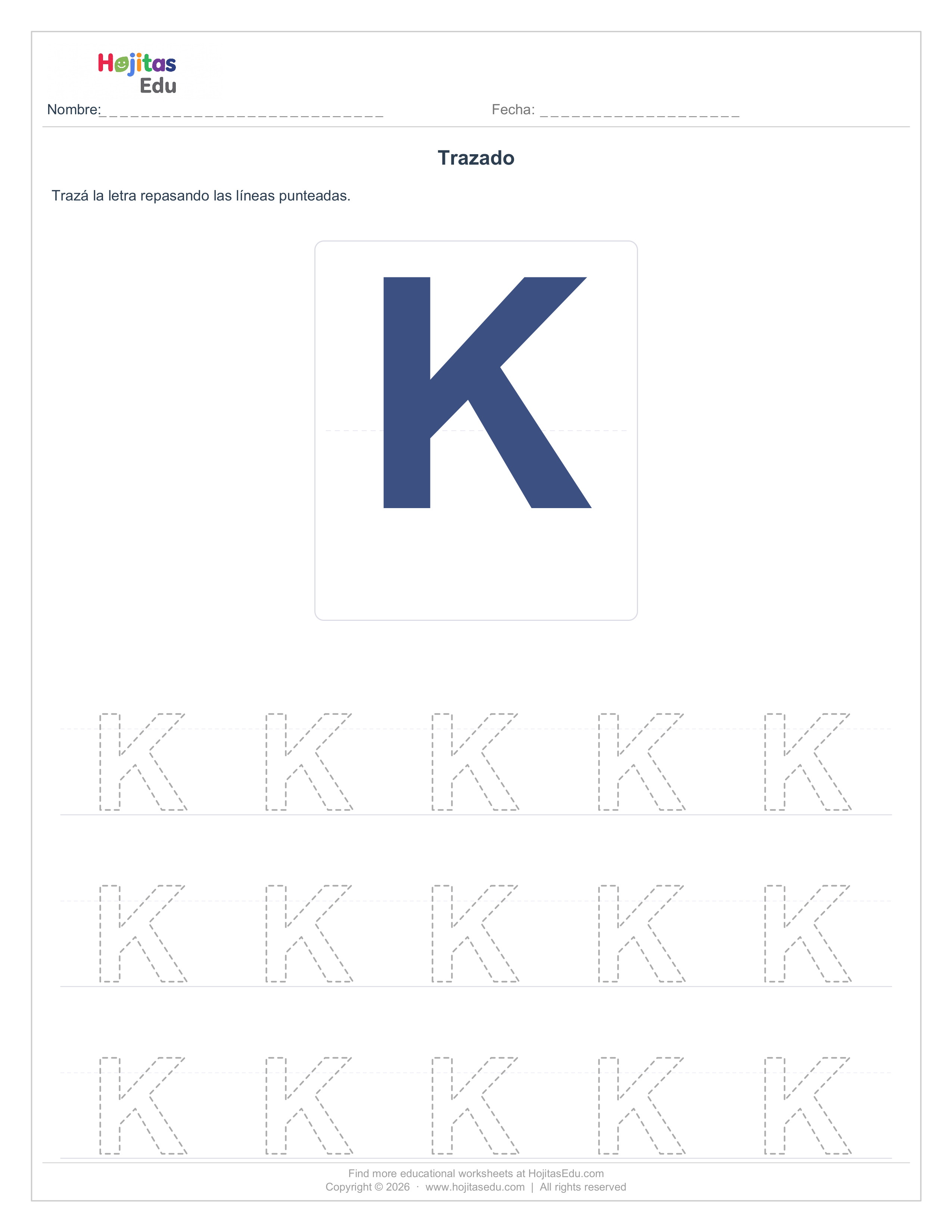 Aprende a Trazar la Letra K — Ficha con Trazos Guía