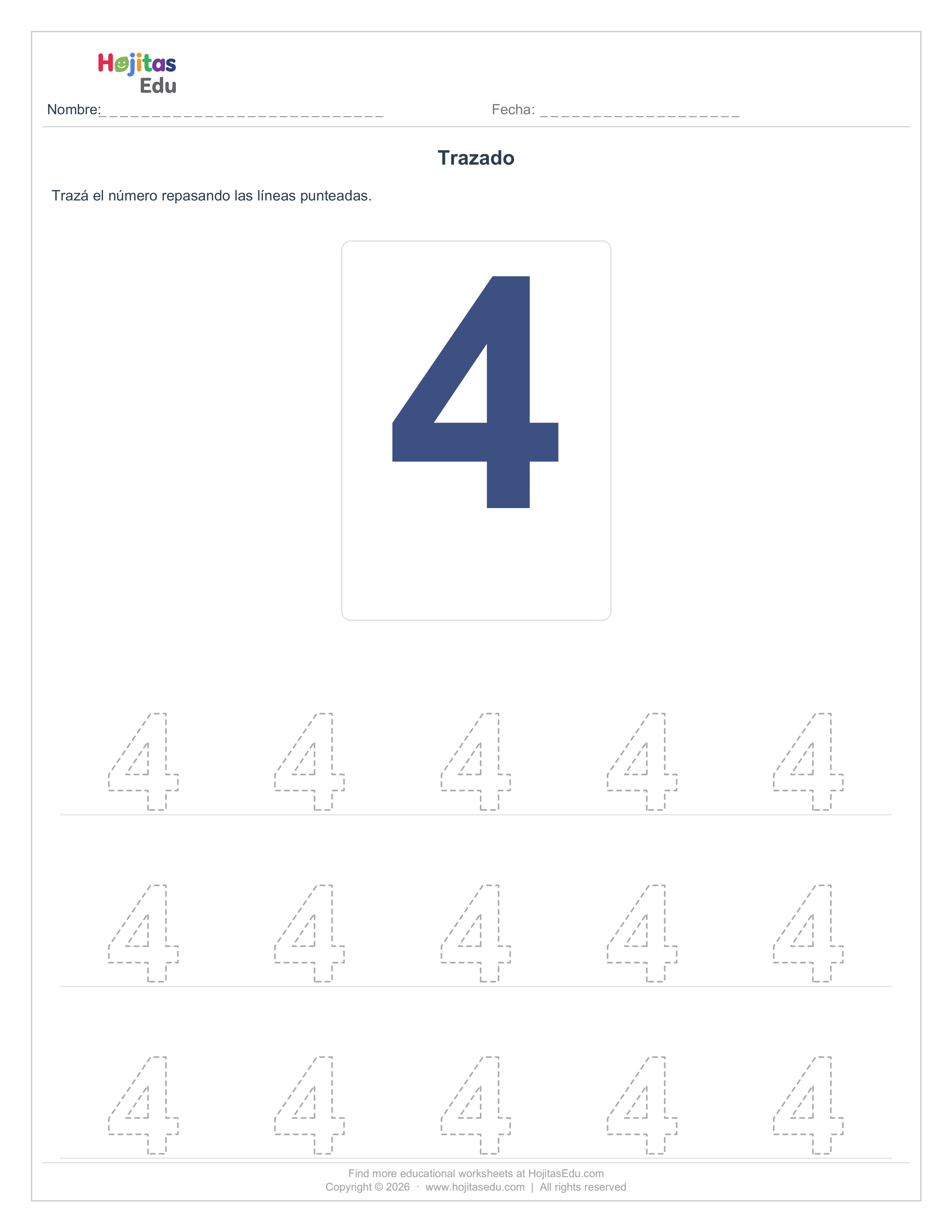 Aprende a Trazar el Número 4 — Ficha con Trazos Guía