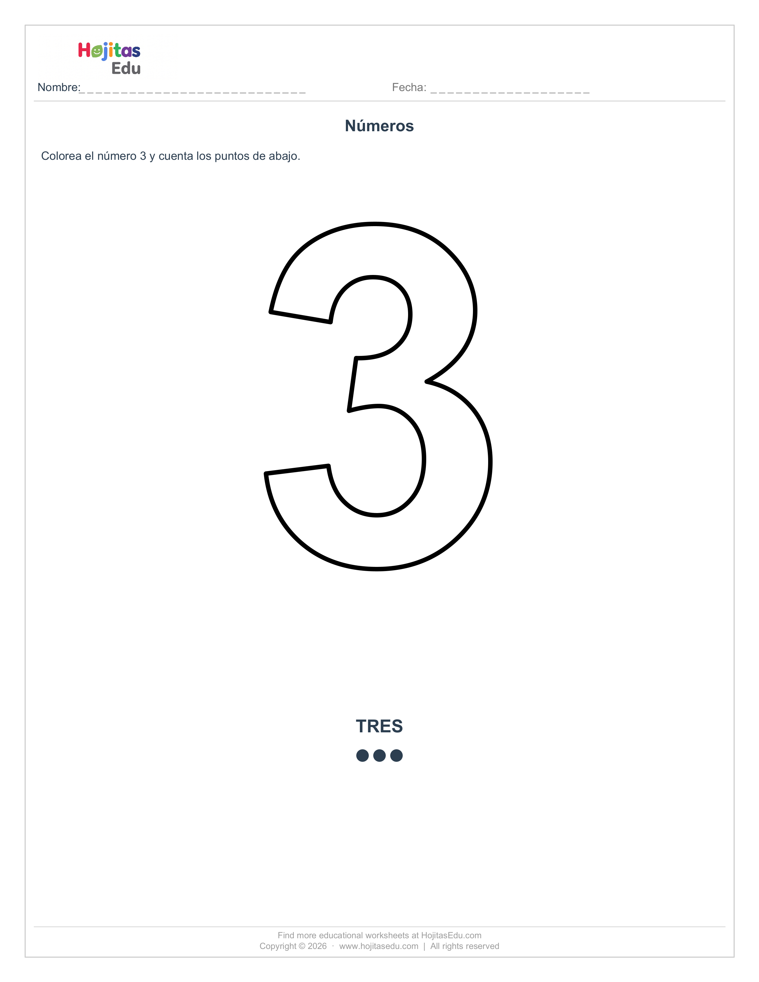 Ficha del Número 3 para Colorear y Contar