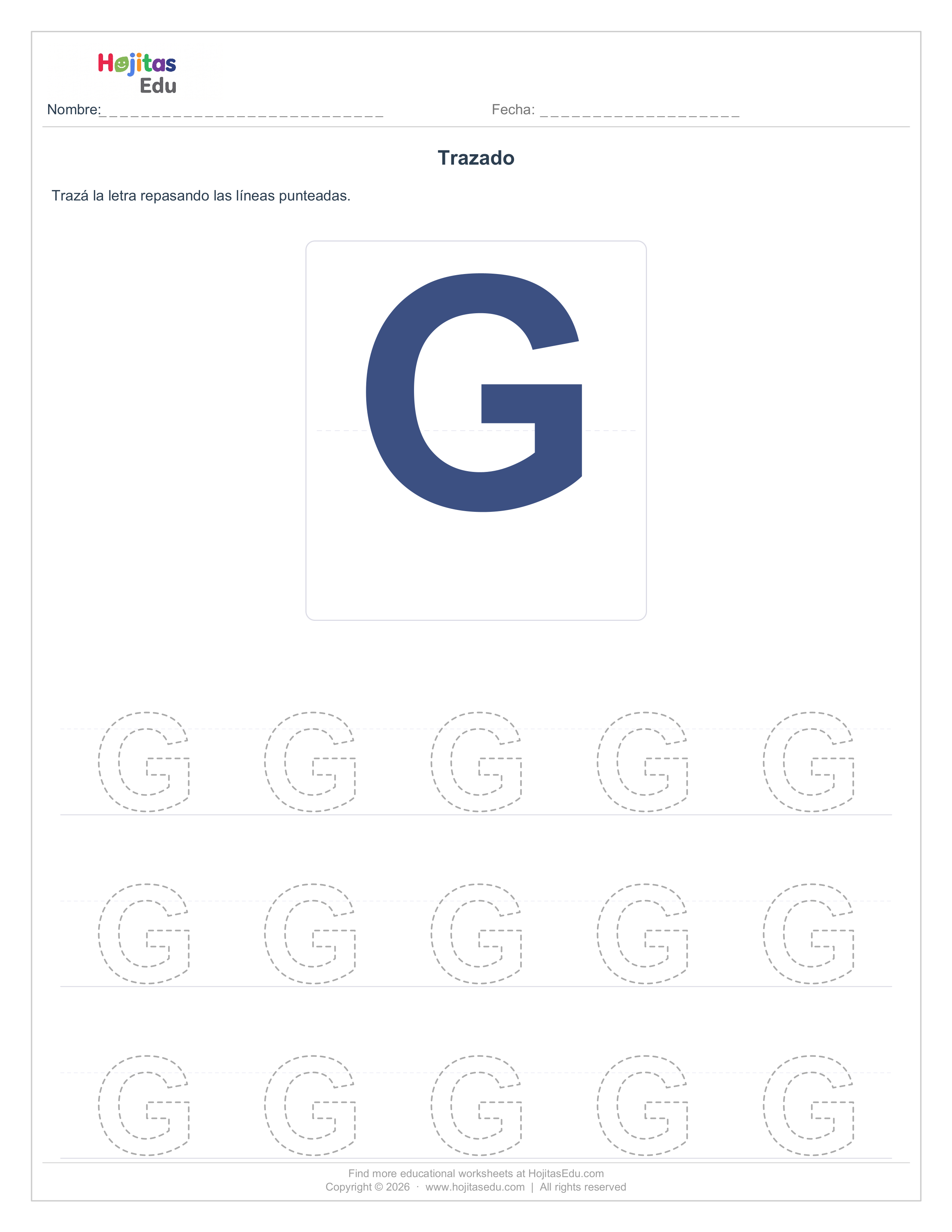 Aprende a Trazar la Letra G — Ficha con Trazos Guía