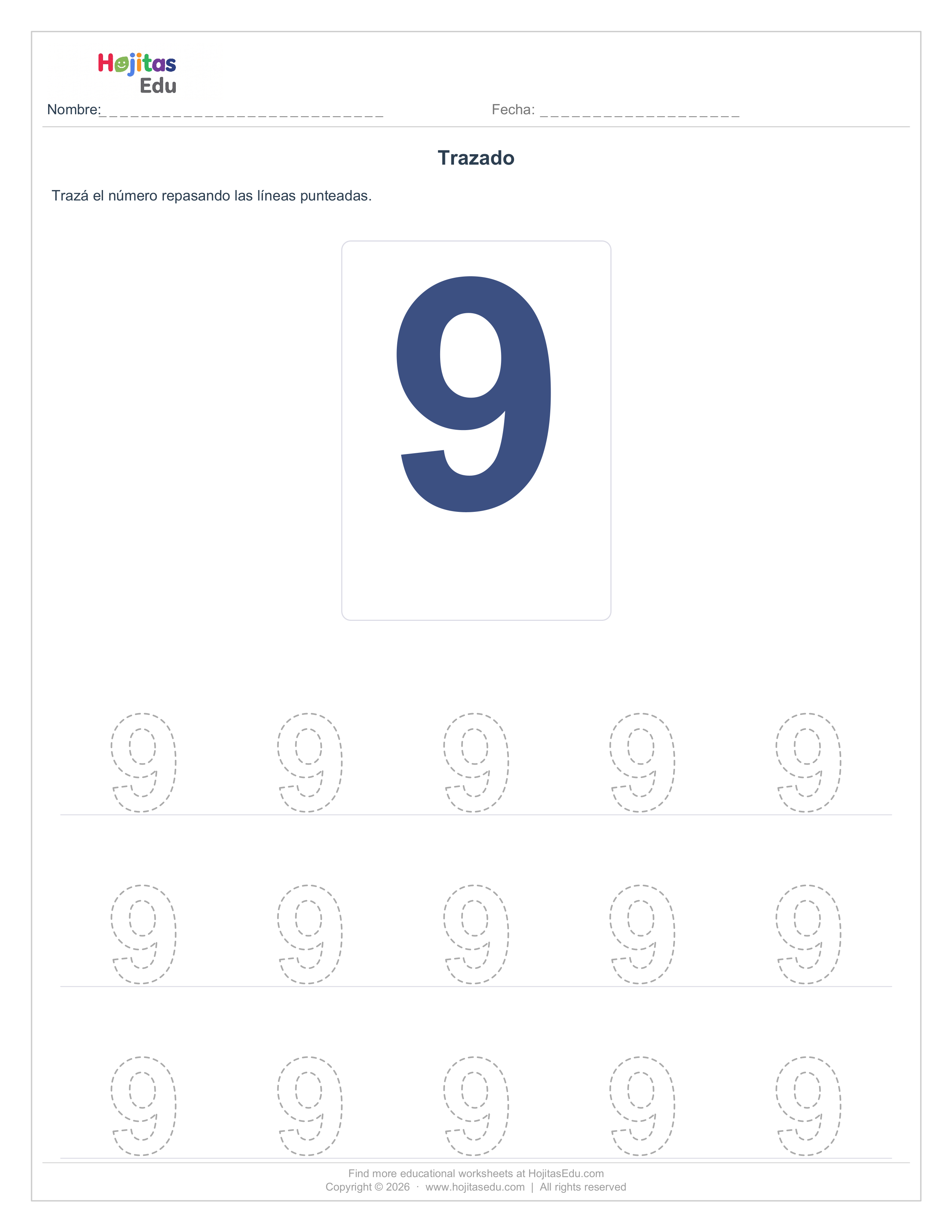 Aprende a Trazar el Número 9 — Ficha con Trazos Guía