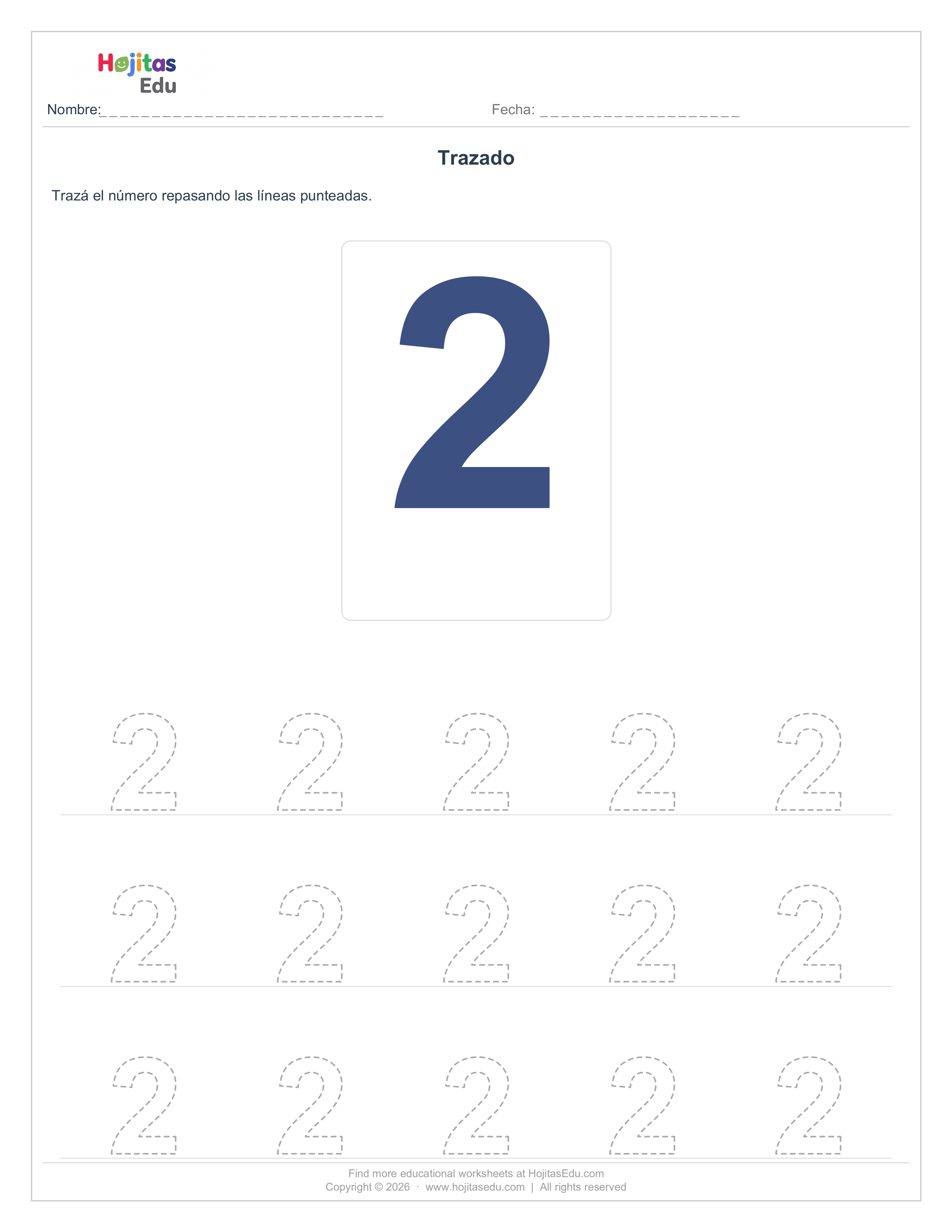 Aprende a Trazar el Número 2 — Ficha con Trazos Guía