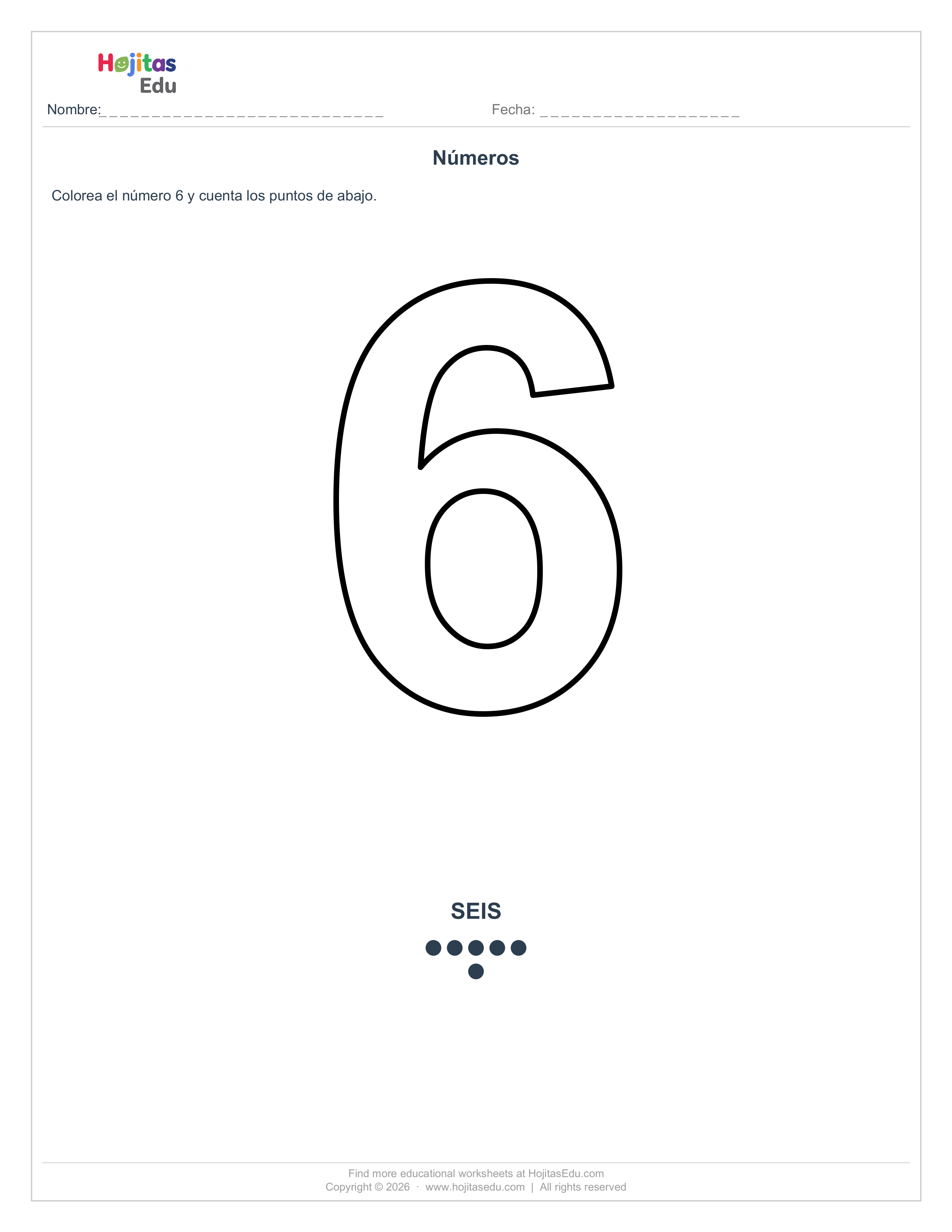 Ficha del Número 6 para Colorear y Contar