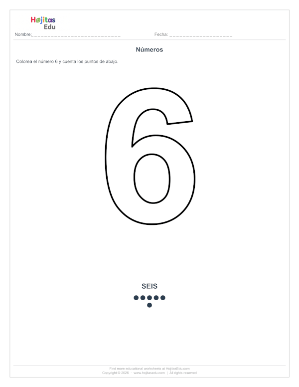 Ficha del Número 6 para Colorear y Contar