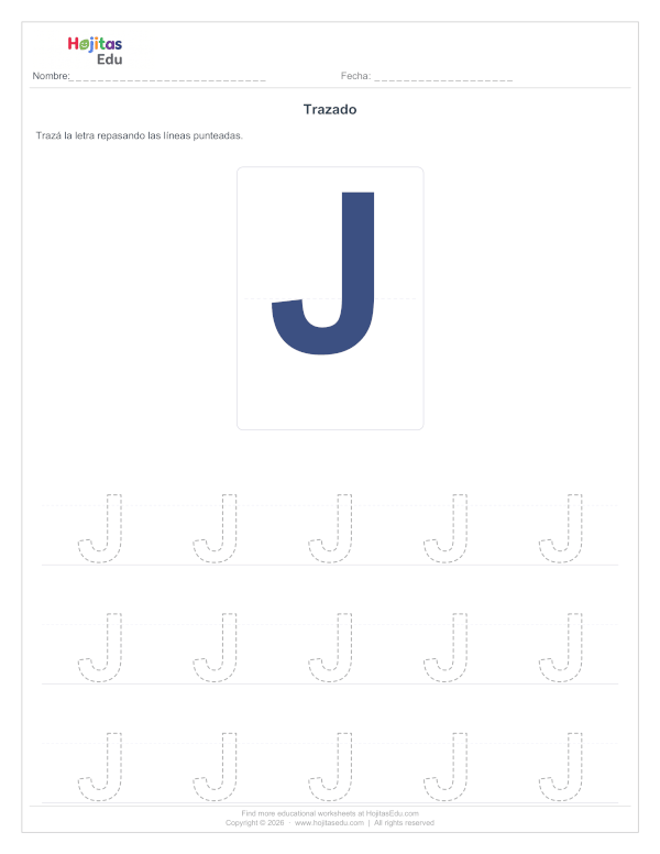 Aprende a Trazar la Letra J — Ficha con Trazos Guía