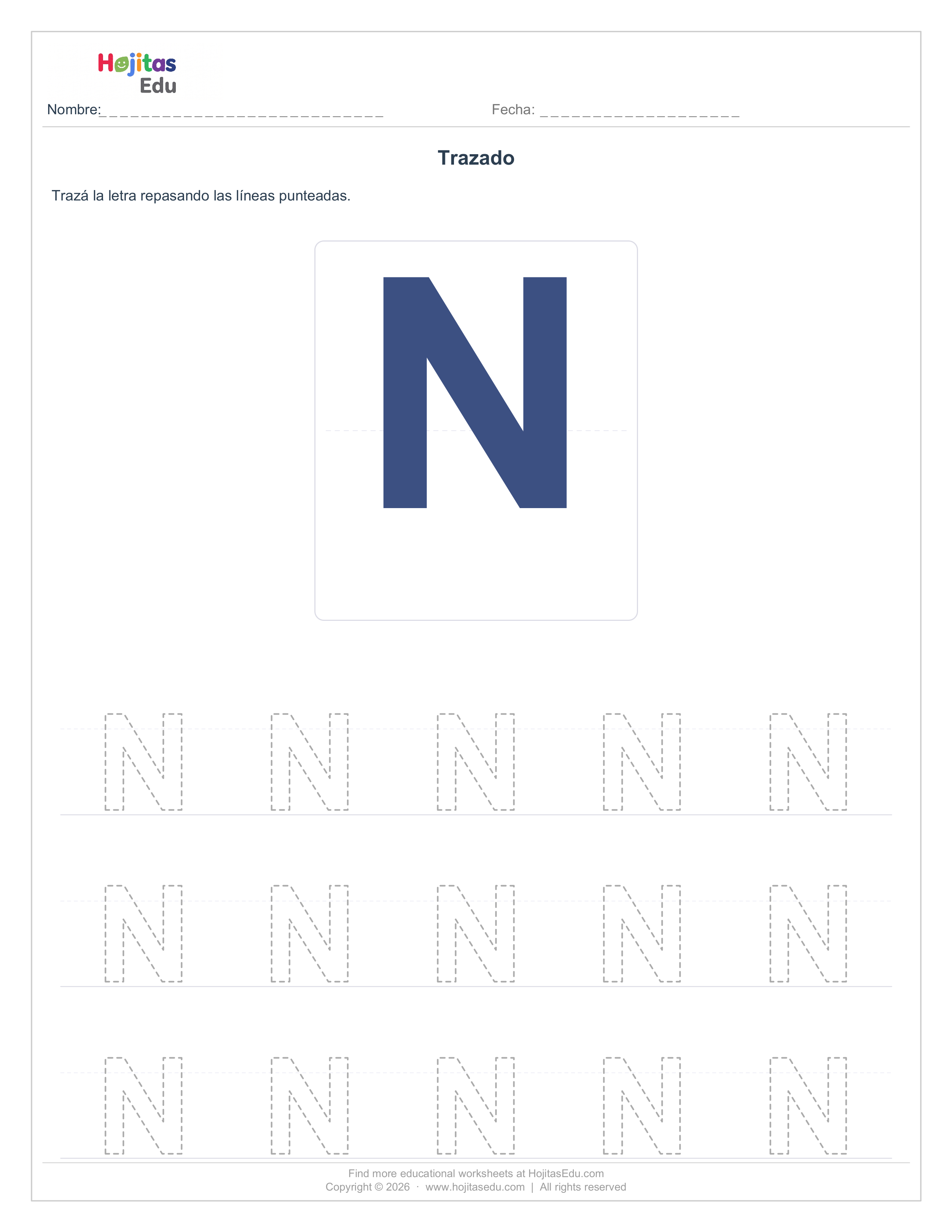 Aprende a Trazar la Letra N — Ficha con Trazos Guía