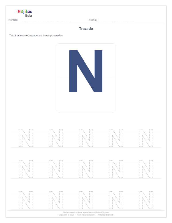 Aprende a Trazar la Letra N — Ficha con Trazos Guía