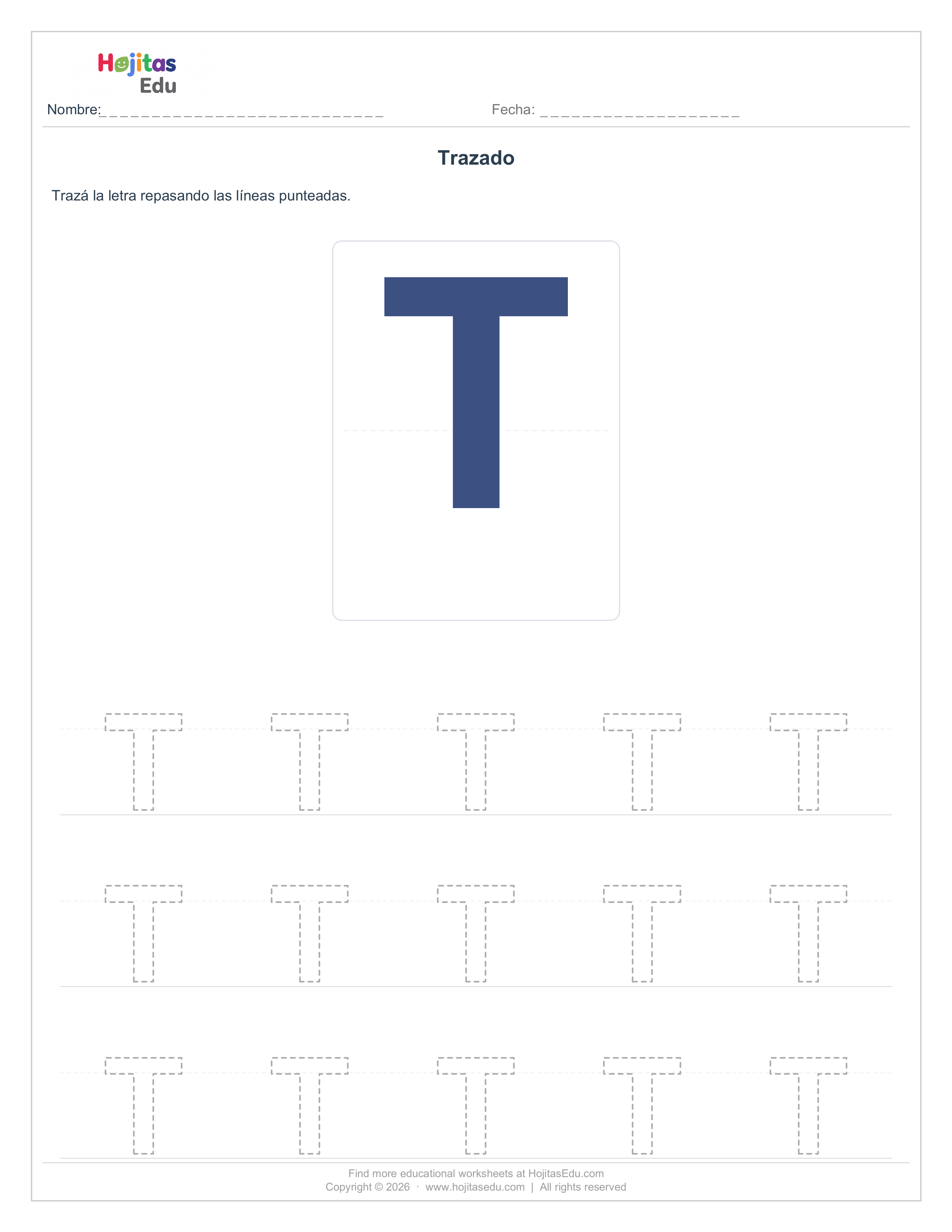 Aprende a Trazar la Letra T — Ficha con Trazos Guía