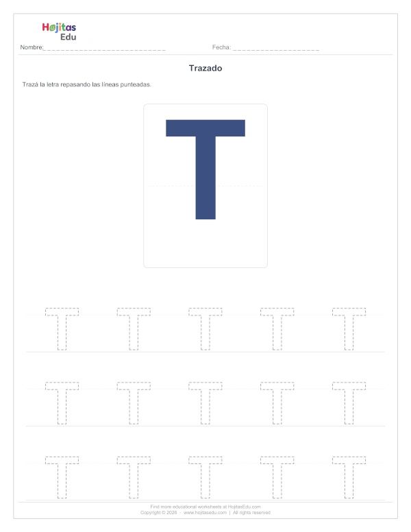 Aprende a Trazar la Letra T — Ficha con Trazos Guía