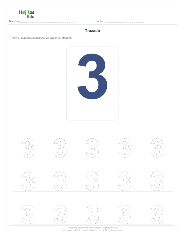 Aprende a Trazar el Número 3 — Ficha con Trazos Guía
