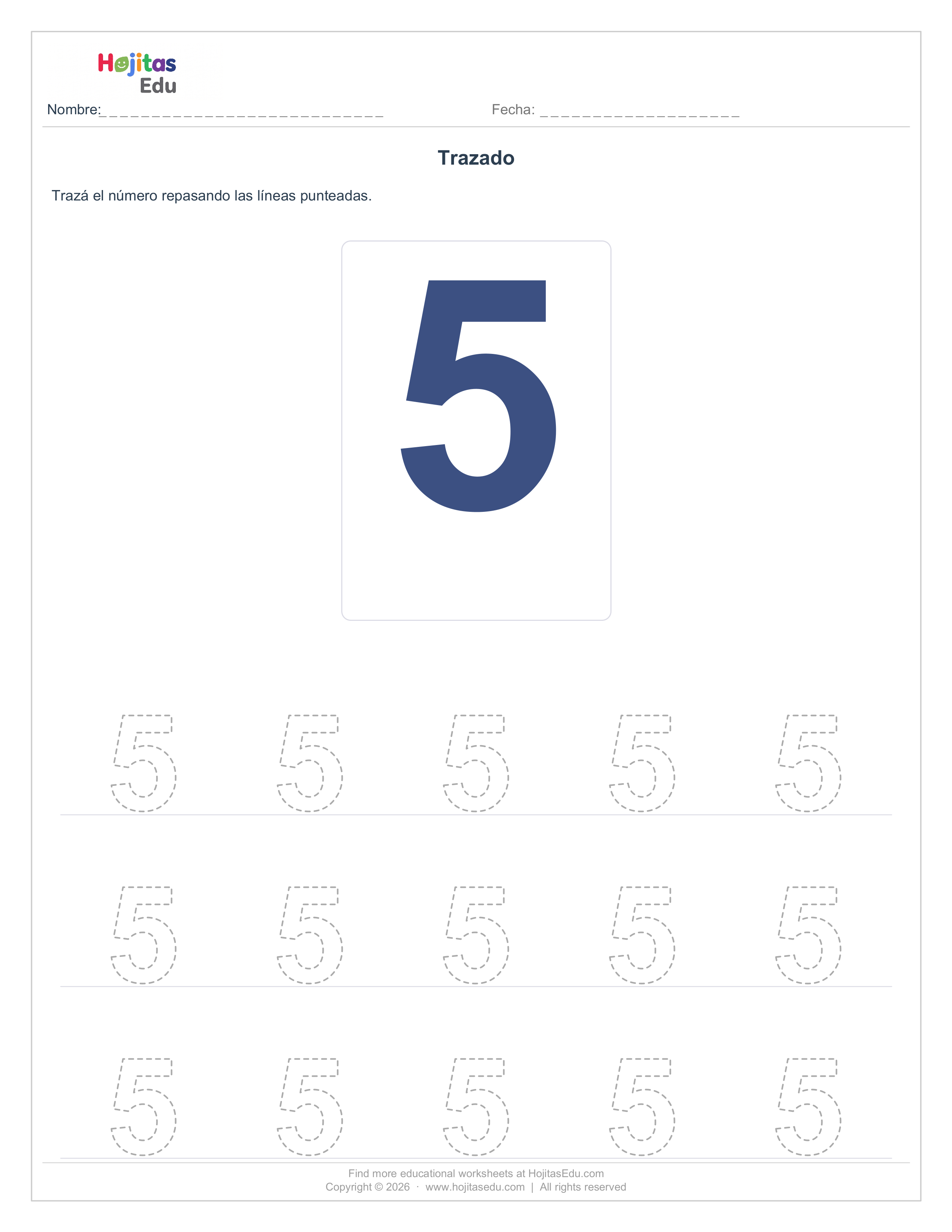 Aprende a Trazar el Número 5 — Ficha con Trazos Guía