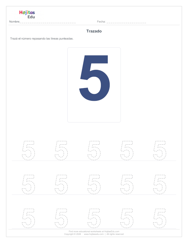 Aprende a Trazar el Número 5 — Ficha con Trazos Guía