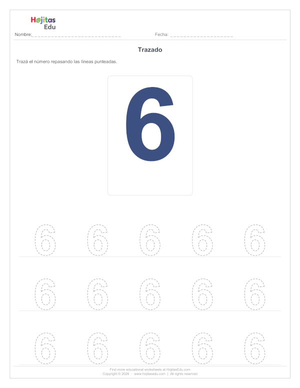 Aprende a Trazar el Número 6 — Ficha con Trazos Guía