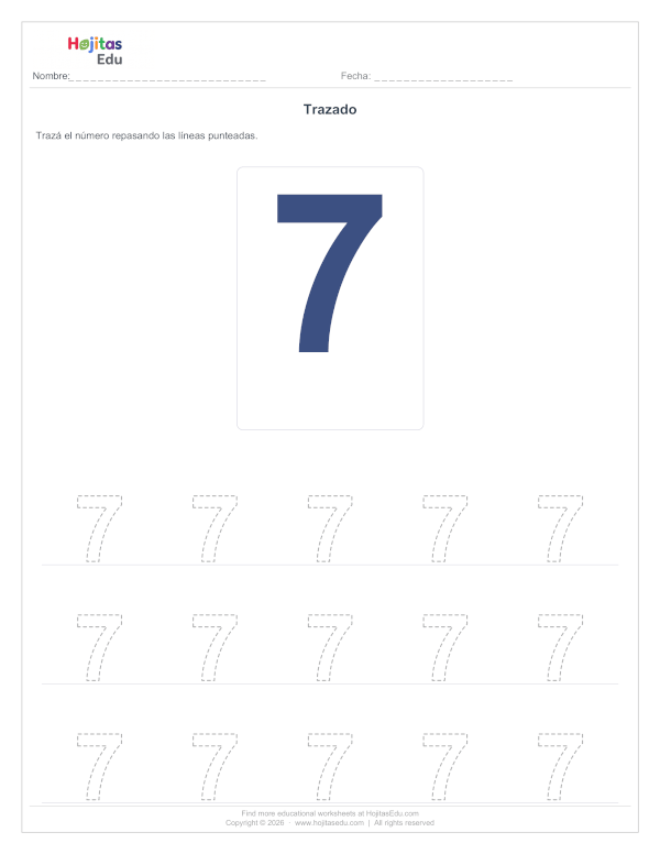 Aprende a Trazar el Número 7 — Ficha con Trazos Guía