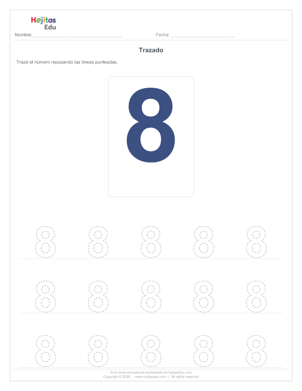 Aprende a Trazar el Número 8 — Ficha con Trazos Guía