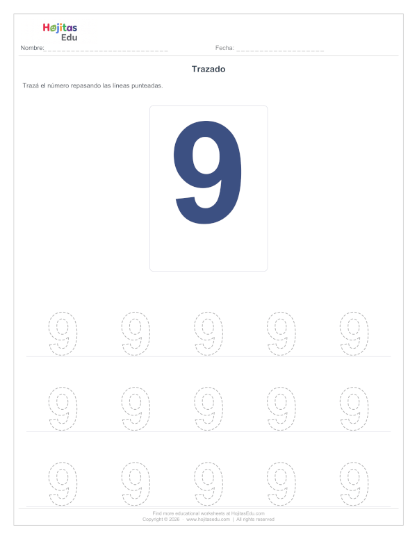 Aprende a Trazar el Número 9 — Ficha con Trazos Guía