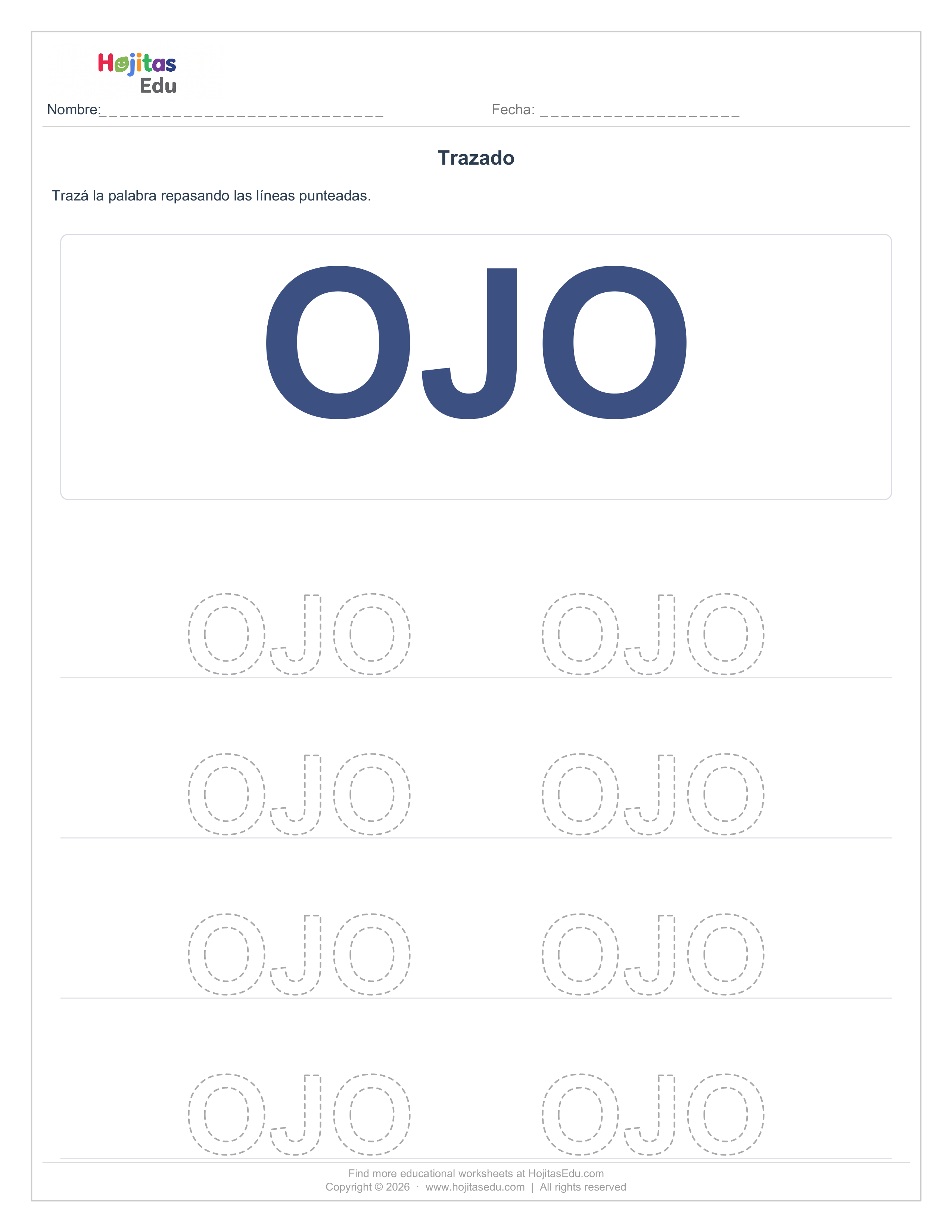 Aprende a Trazar la Palabra OJO — Ficha con Trazos Guía