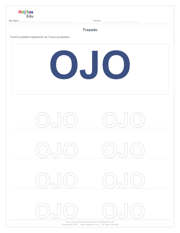 Aprende a Trazar la Palabra OJO — Ficha con Trazos Guía