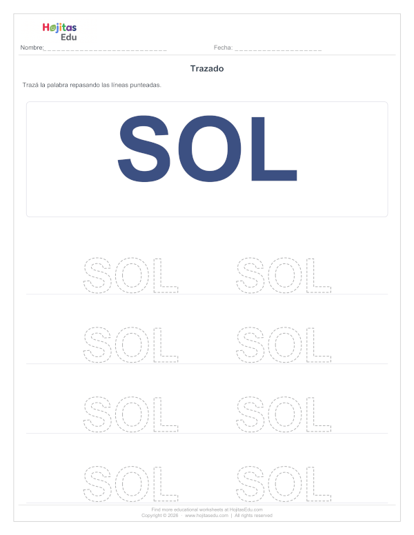 Aprende a Trazar la Palabra SOL — Ficha con Trazos Guía