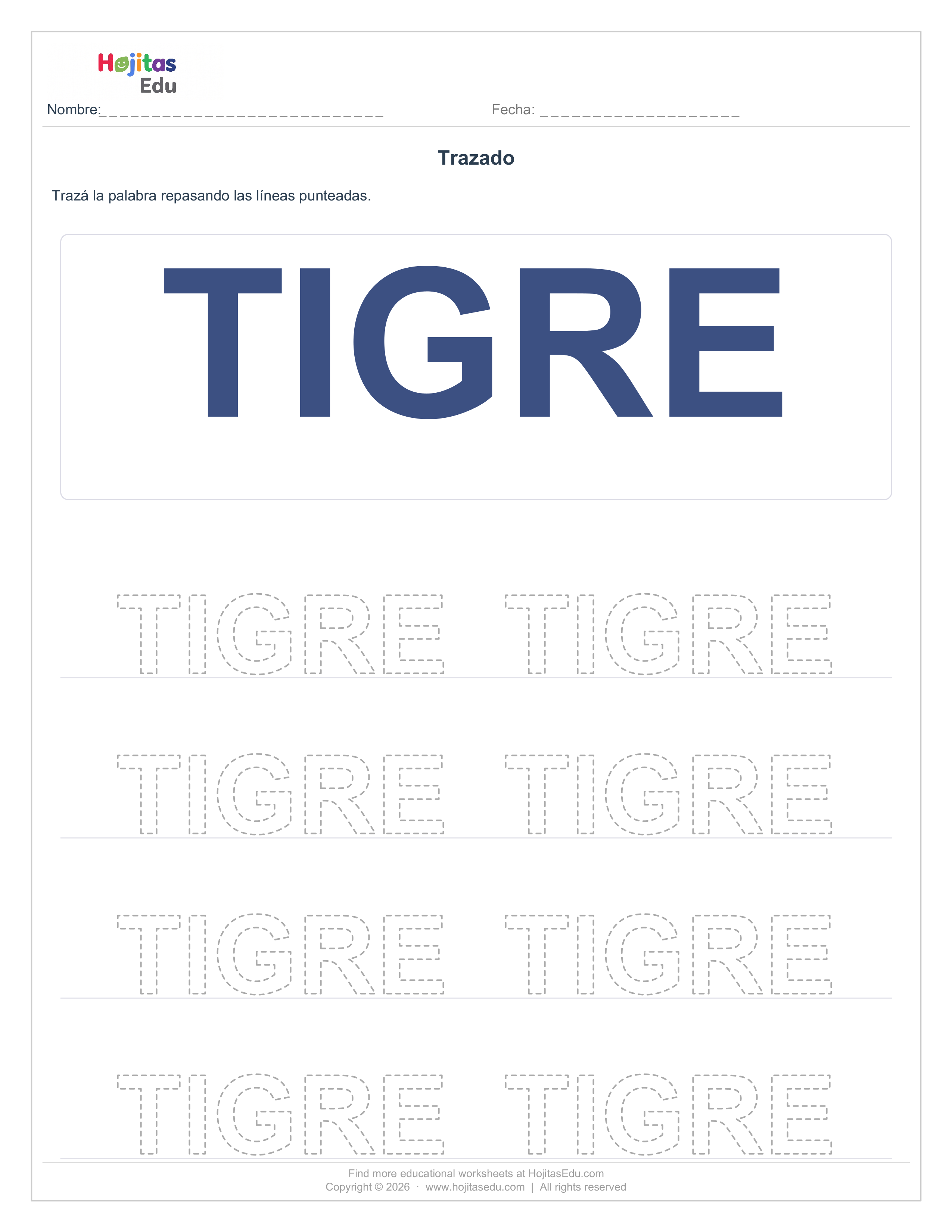 Aprende a Trazar la Palabra TIGRE — Ficha con Trazos Guía