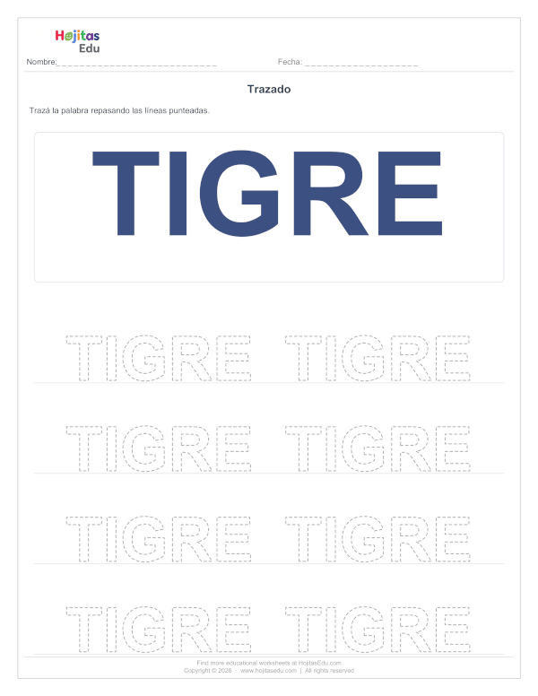 Aprende a Trazar la Palabra TIGRE — Ficha con Trazos Guía